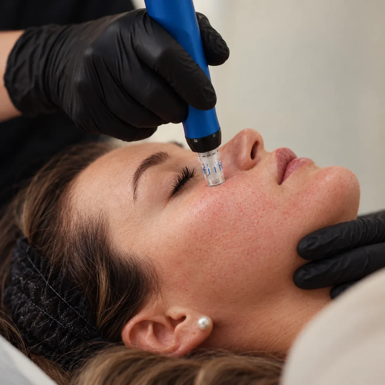Microneedling pen held against the cheek during treatment with black-gloved hands