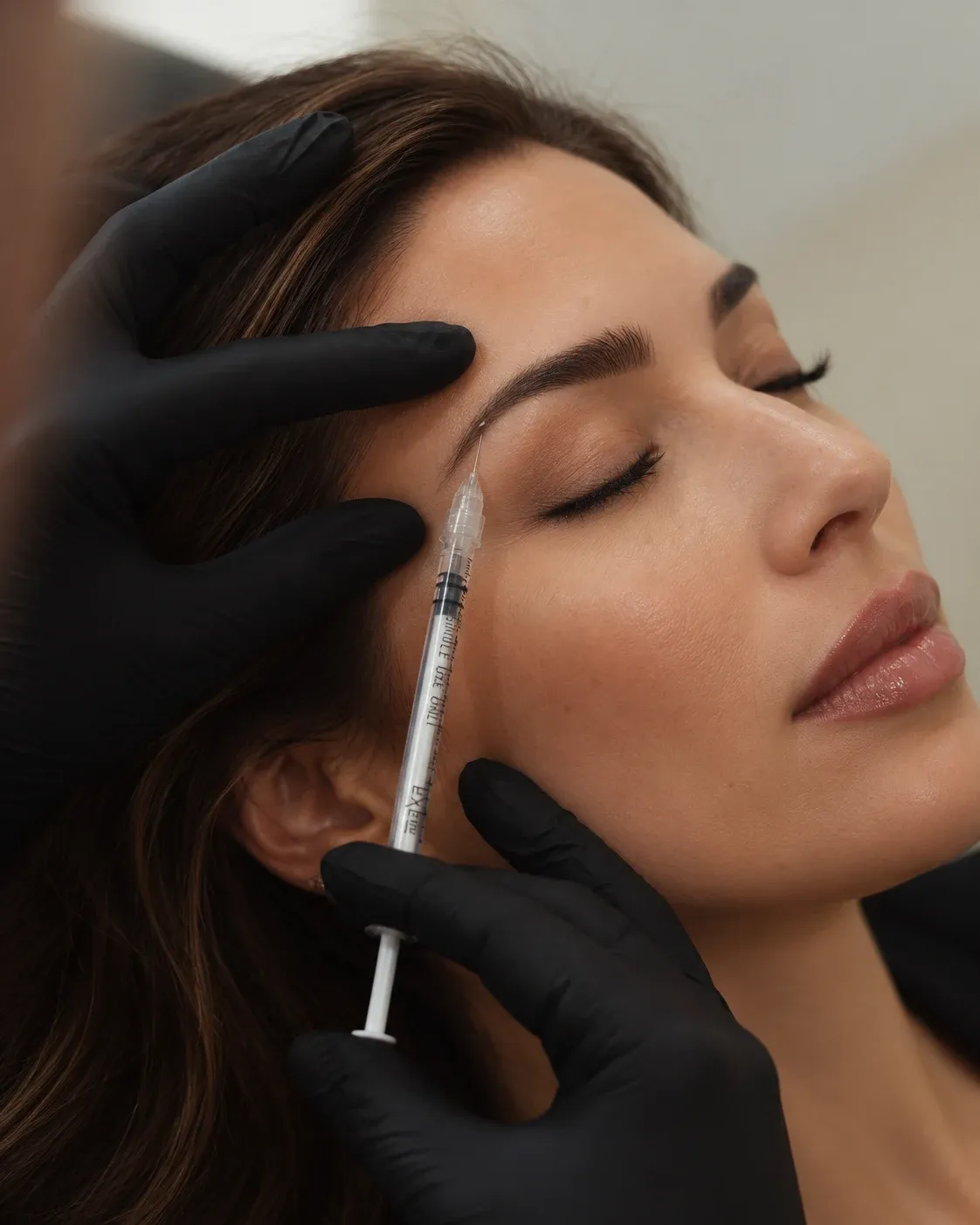 Botox injection at the upper brow with a fine needle and black-gloved hands